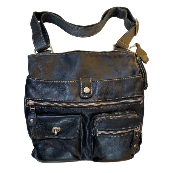 ROOTS Venetian Village Prince Black Leather Crossbody Purse - Picture 3 of 7